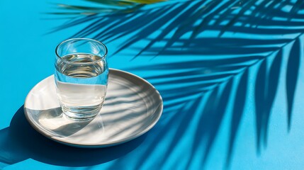Glass of Water on Plate with Palm Leaf Shadow on Blue Surface