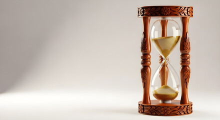Time is fleeting as golden sand flows through an ornate hourglass on a neutral background. isolated on white background