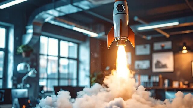 Rocket Launch in Modern Office Embracing Innovation and New Beginnings in a Creative Workspace
