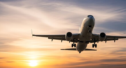 Commercial Airplane Taking Off Against a Gorgeous Sunset Sky Glow