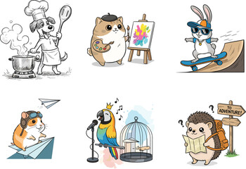 Cartoon Animals Doing Human Activities – Chef Dog, Artist Hamster, Adventurer Hedgehog and More