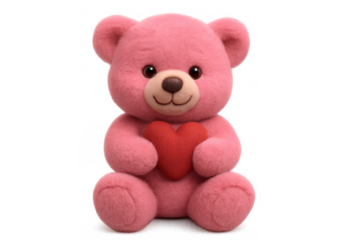 Pink teddy bear plush toy holding a red heart for valentine's day, love, romance concepts with transparent background