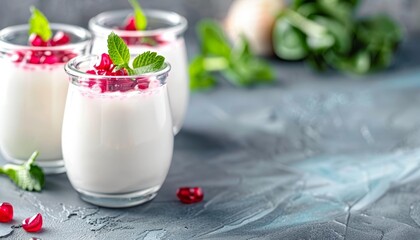 Creamy yogurt topped with pomegranate seeds and fresh mint leaves in clear glasses on a textured surface.
