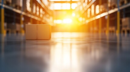 A single cardboard box sits on a polished warehouse floor, illuminated by warm sunlight filtering through rows of shelves filled with goods.