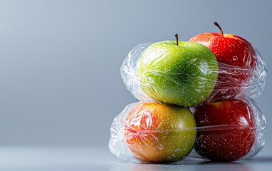 Four apples (two red, one green, one yellow) are stacked and wrapped in clear plastic wrap against a gray background.
