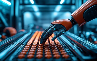 A robotic hand inspects or sorts rows of small orange objects on a conveyor belt in a futuristic industrial setting.