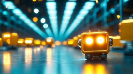 A small robot with glowing eyes stands on a reflective surface in a futuristic, brightly lit corridor with a blurred background.