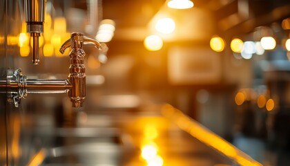 A close-up of a polished beer tap in a warm, softly lit bar setting with blurred lights and reflections in the background.