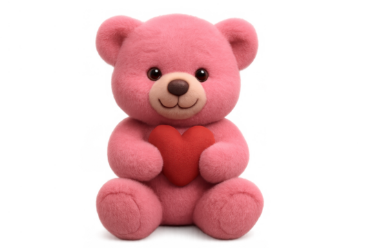 Pink teddy bear plush toy holding a red heart for valentine's day, love, romance concepts with transparent background