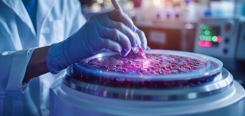 Scientist in gloves uses a pipette to transfer liquid samples in a laboratory centrifuge with illuminated test tubes, highlighting advanced scientific research and biotechnology.