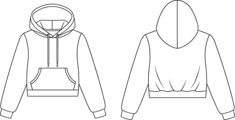 Cropped Hoodie Flat Sketch Technical Drawing Front and Back View Fashion Vector Template Apparel Garment Specification Design Diagram for Production Manufacturer