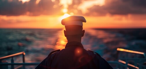 A person in a captain's hat gazes at the sunset over the ocean, with warm light reflecting on the water.