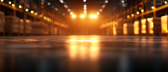 A warm, glowing warehouse interior with rows of stacked barrels and bright overhead lights reflecting on the shiny floor.
