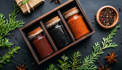 Three glass jars filled with different spices are placed in a wooden box surrounded by herbs and peppercorns on a dark surface.