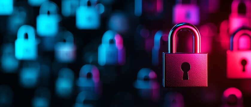 A vibrant close-up of a padlock symbolizing security and protection with colorful blue and pink lighting effects.