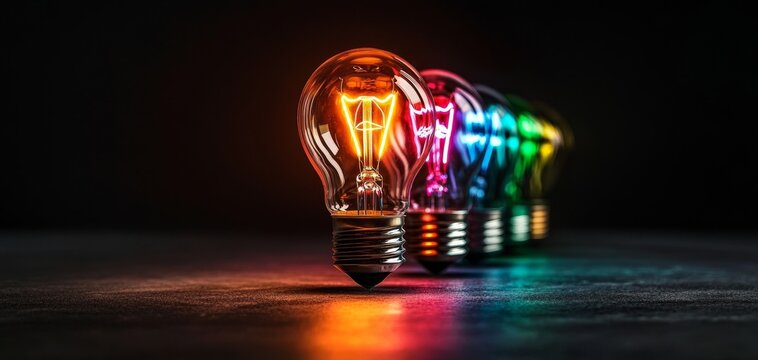 A row of incandescent light bulbs glowing in different colors on a dark surface, symbolizing creativity and innovation.