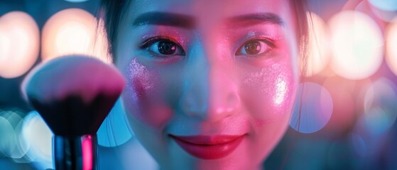 Close-up of a woman applying makeup with a brush, featuring glowing, dewy skin and colorful lighting effects.