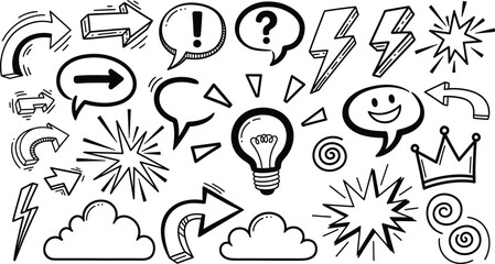 Hand drawn doodle set with arrows, speech bubbles, lightbulb, and various design elements isolated on white background