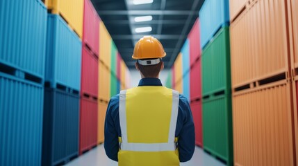 A worker wearing a yellow safety vest and helmet inspects colorful shipping containers stacked neatly inside a warehouse.