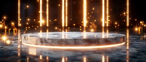 A futuristic, illuminated marble platform stands on a reflective surface, surrounded by vertical glowing light beams and sparkling particles.