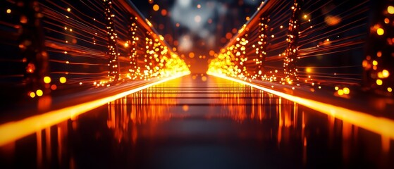 A vibrant, glowing pathway with golden bokeh lights reflecting on a glossy surface, creating a symmetrical and futuristic atmosphere.