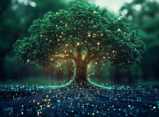 Green tree with glowing circuits and golden lights in dark forest nature technology