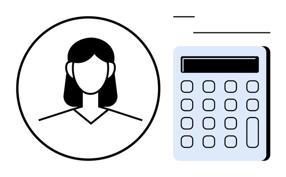 Womans profile inside a circle alongside a detailed calculator. Ideal for financial management, accounting, budgeting, tax planning, math education, professional services, digital tools. Simple flat