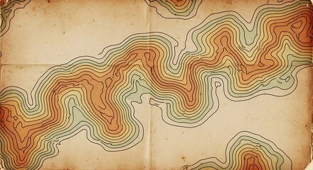 Vintage topographic map with contour lines on aged paper, showing elevation changes in a stylized, old-world design.