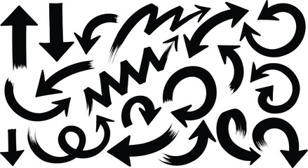 Fototapeta premium Hand drawn brush stroke black arrow set pointing in various directions isolated on white background