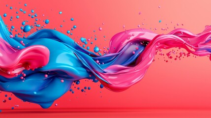 Vibrant blue and pink liquid paint splashes dynamically merge against a coral background, creating an abstract, fluid motion effect.