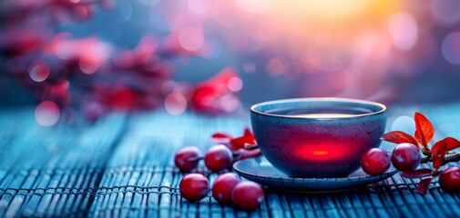 A serene cup of tea sits on a textured mat surrounded by fresh red berries and leaves, with a soft bokeh background glowing in warm and cool tones.