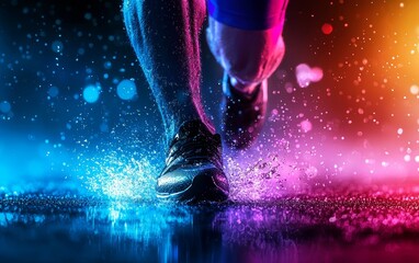 A close-up of a runner"s feet splashing through water on a wet surface, illuminated by vibrant blue and orange neon lights.
