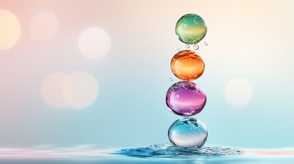 Four colorful water droplets stacked vertically, creating a balanced and serene composition with a soft pastel background and gentle water ripples.