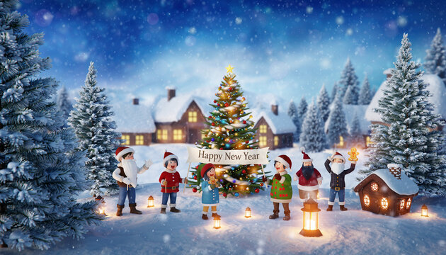 新年をお祝いする人々と冬の景色　AI生成素材