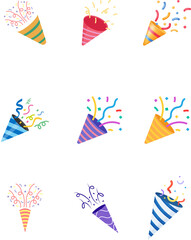party popper Multi Color Confetti - Party Poper On Transparent Background party horn confetti Birthday party confetti background, festive ribbons and streamer paper spiral stripes, cartoon