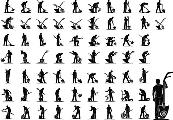 farming silhouette, gardening worker, agricultural tools, shovel rake icon, planting vector, manual labor, rural work, black figure, harvest action, garden activity