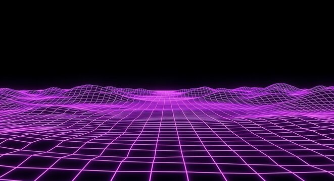 Purple grid landscape with black background, creating a futuristic and abstract scene.