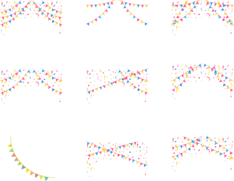 Festive design. Border of colorful bright confetti isolated on transparent background. Party decoration frame for birthday, anniversary, celebration.Colorful sprinkles banner 