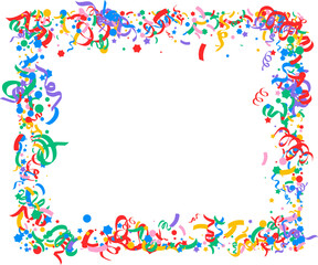 colorful confetti frame Cute abstract frame of colorful confetti, lines, ribbons, curls on light background, hand drawn illustration, flat style, copy space Bright colored confetti background