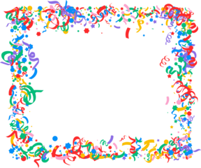 colorful confetti frame Cute abstract frame of colorful confetti, lines, ribbons, curls on light background, hand drawn illustration, flat style, copy space Bright colored confetti background