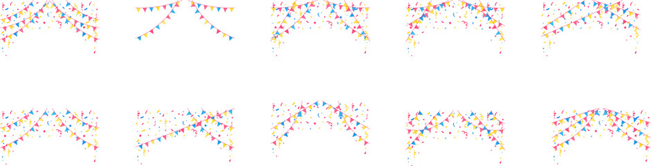 Festive design. Border of colorful bright confetti isolated on transparent background. Party decoration frame for birthday, anniversary, celebration.Colorful sprinkles banner 