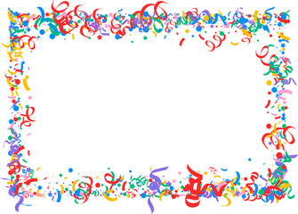 Fototapeta premium colorful confetti frame Cute abstract frame of colorful confetti, lines, ribbons, curls on light background, hand drawn illustration, flat style, copy space Bright colored confetti background