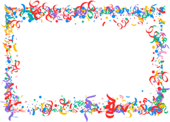 colorful confetti frame Cute abstract frame of colorful confetti, lines, ribbons, curls on light background, hand drawn illustration, flat style, copy space Bright colored confetti background