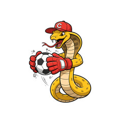 Cartoon cobra plays soccer with red goalie gloves