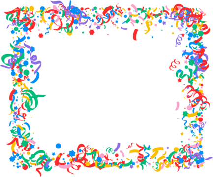colorful confetti frame Cute abstract frame of colorful confetti, lines, ribbons, curls on light background, hand drawn illustration, flat style, copy space Bright colored confetti background