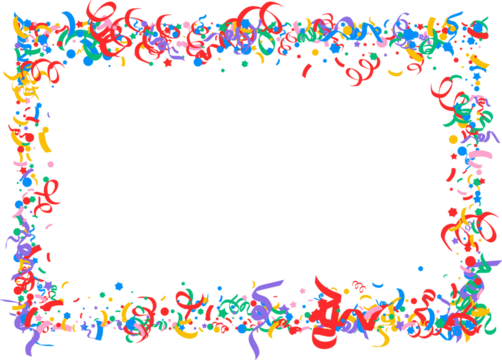 colorful confetti frame Cute abstract frame of colorful confetti, lines, ribbons, curls on light background, hand drawn illustration, flat style, copy space Bright colored confetti background