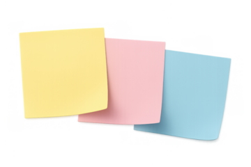 Three blank sticky notes in yellow, pink, and blue, providing space for notes, reminders, or messages on a transparent background