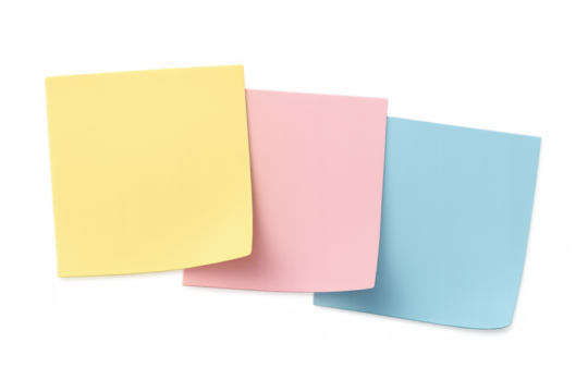 Three blank sticky notes in yellow, pink, and blue, providing space for notes, reminders, or messages on a transparent background