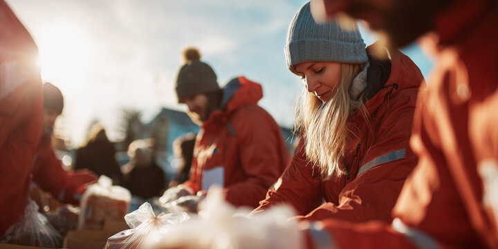 Young woman volunteering and packing food with others outdoors  