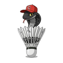 Cartoon cobra wears hat, sits inside shuttlecock